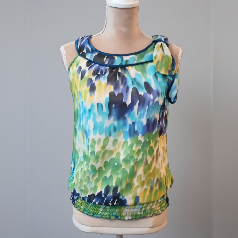 Y2k IZ Byer Artsy Bow Smocked Juniors Sleeveless Tank Blouse Forest Fairy